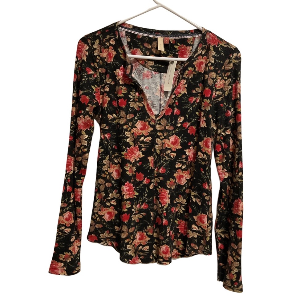 Pilcro Anth Split Neck Top Floral Print Long Sleeves